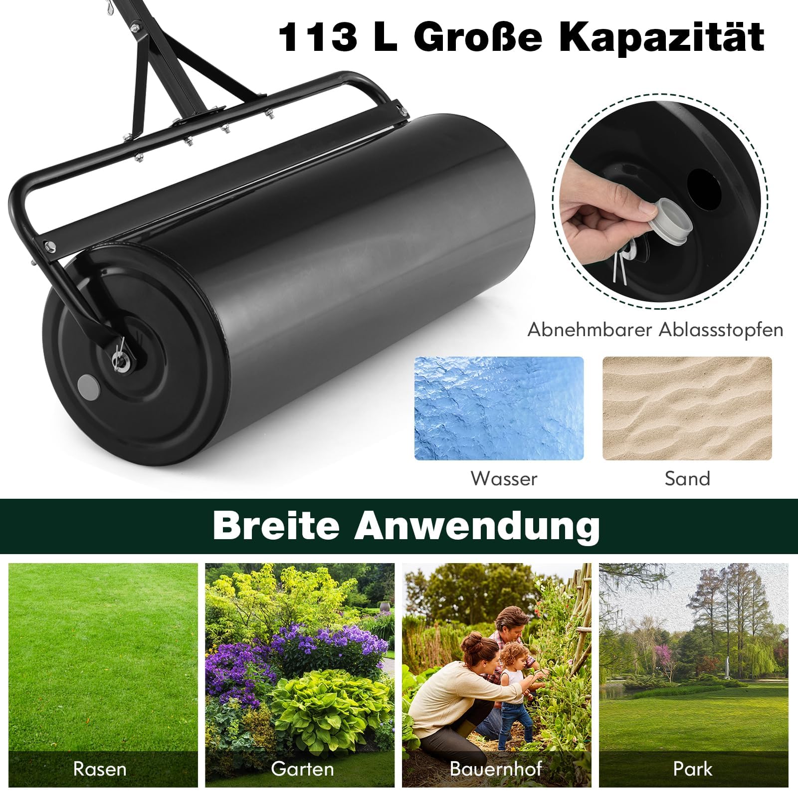 FANTASK Walec do trawnika metalowy, 113 l, wałek ręczny z uchwytem, wałek ogrodowy Ø 40 cm, napełniany wodą/piaskiem, bęben do dużych obciążeń, wałek do trawy (czarny)