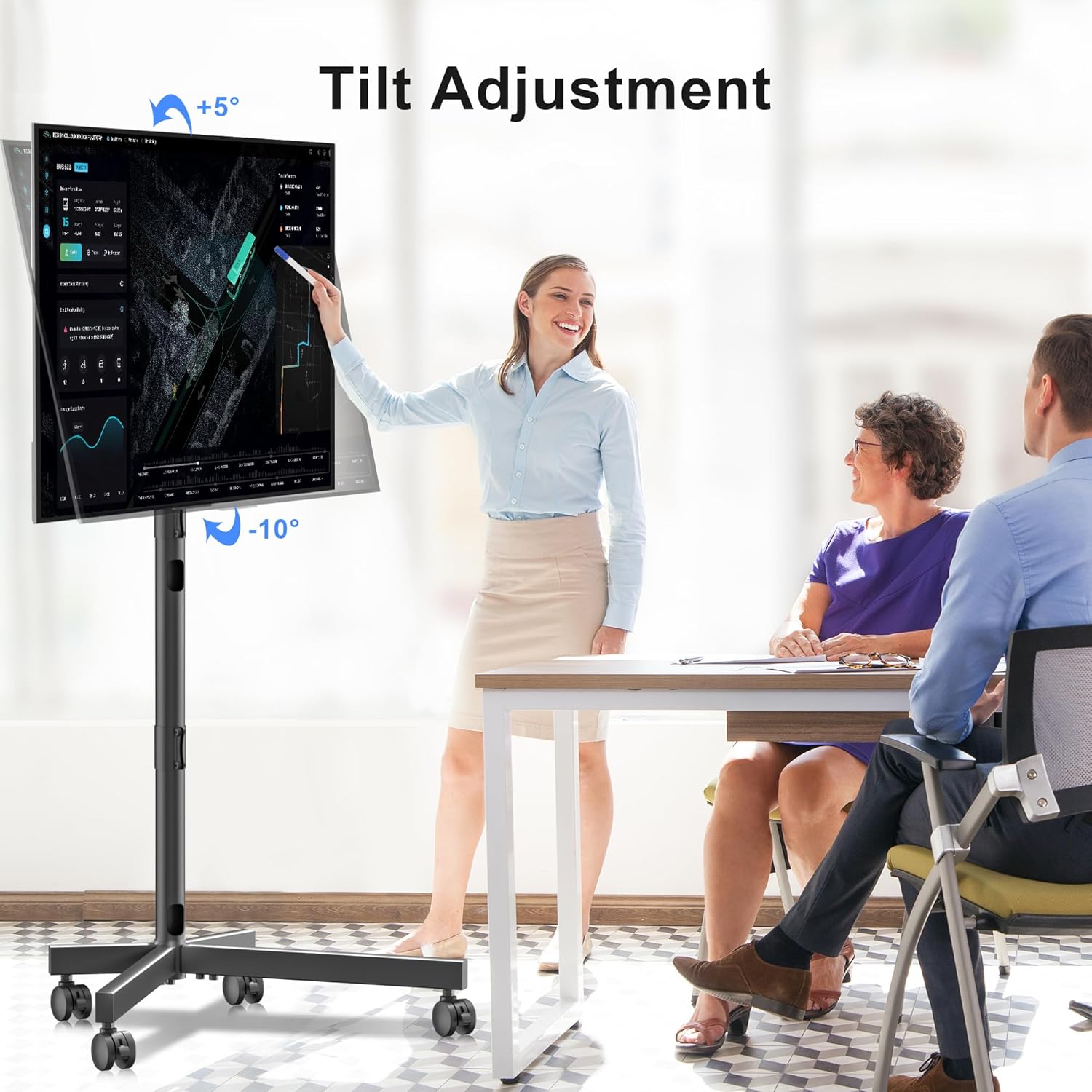 Diagram showing the height adjustment range of the TV stand, from a minimum of 41.1 inches to a maximum of 49.76 inches, with 5 distinct levels.