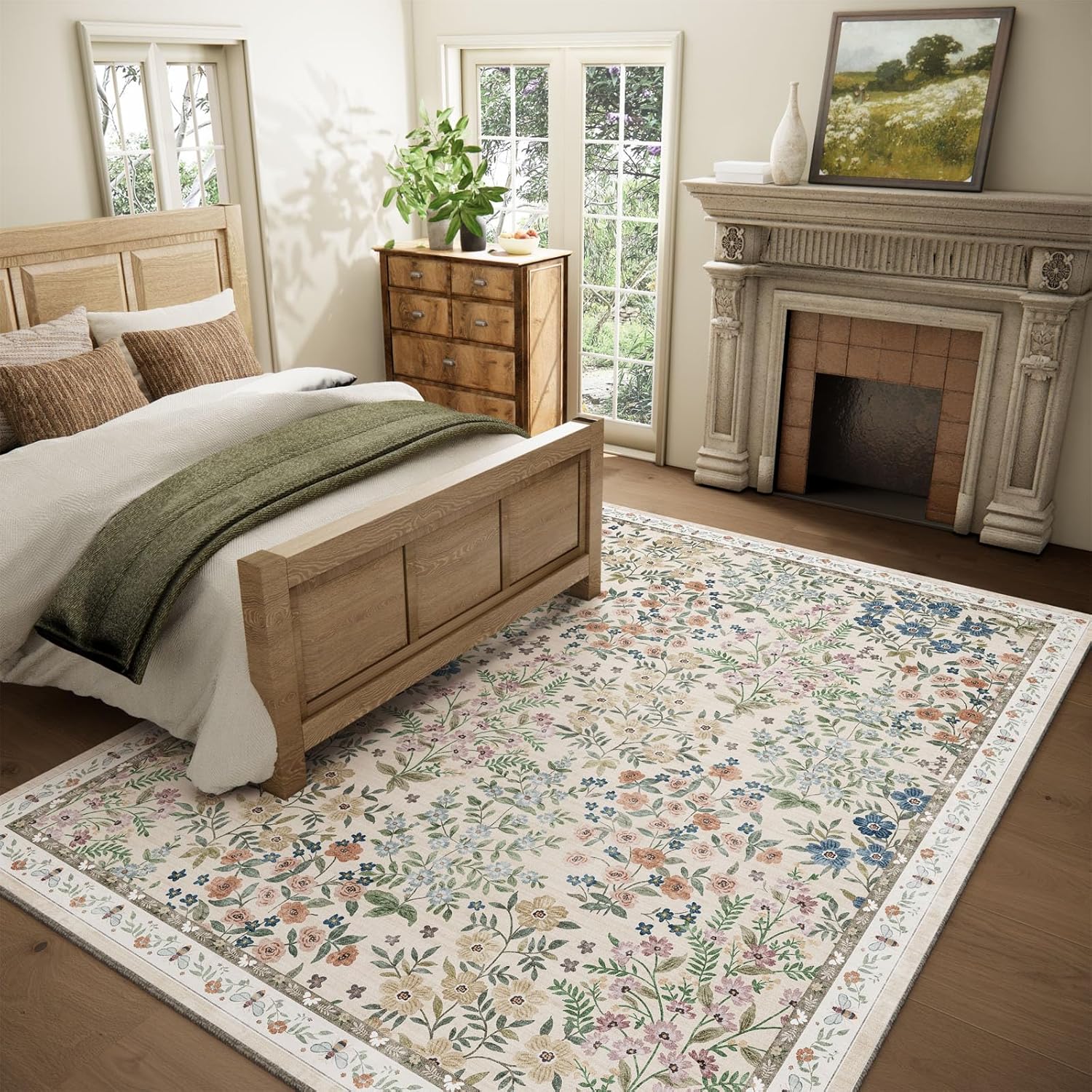 machine washable rugs for living room: 8x10 area rugs for bedroom floral non slip low pile soft stain resistant carpet for kitchen dining room farmhouse kids room nursery indoor 8' x 10' (rectangular) floral-light beige