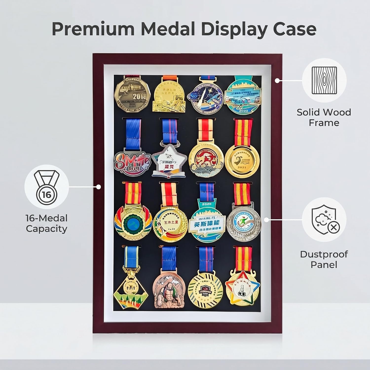 WANLIAN Sports Medals Display Case, Hold 16 Marathon Medal Display Frame