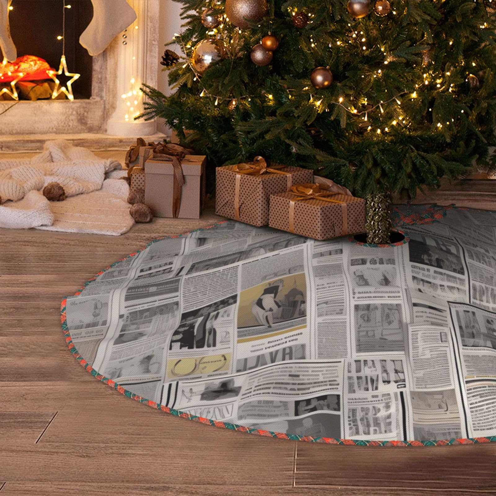 Newspaper Christmas Tree Skirt 30" Artificial Tree Mat Cover Merry Christmas Burlap Xmas Tree Skirt for Christmas Decoration Holiday Indoor Outdoor Winter Party Decor
