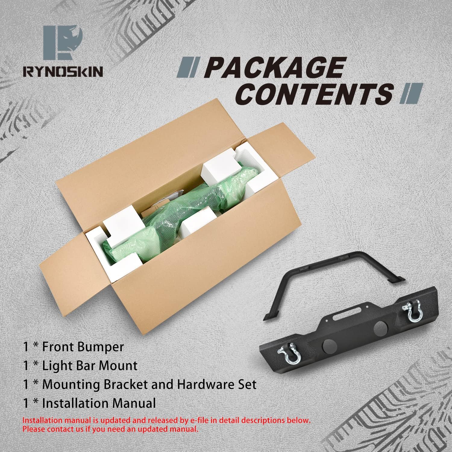 RYNOSKIN Stubby Front Bumper Fit 2007-2018 Jeep Wrangler JK | 2018-2026Jeep Wrangler JL (Exclude Rubicon / 2021-2024 V8 engine) | 2020-2026 Jeep Gladiator with Fog Light Housing & D-rings