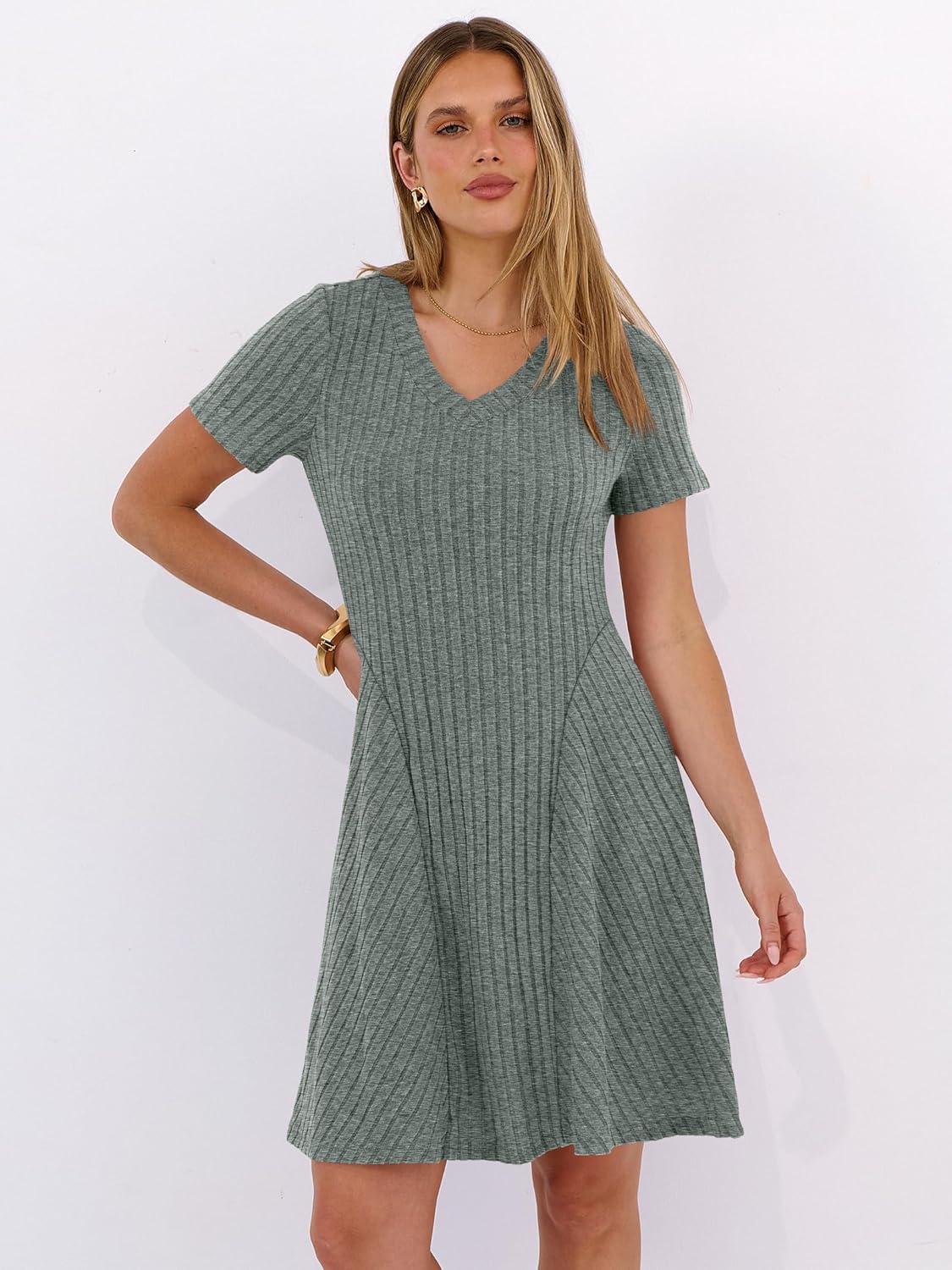 ANRABESS Womens Summer Dresses Casual Short Sleeve Ribbed Knit V Neck Swing A-Line 2026 Spring Vacation Tunics Short Dress - Image 2