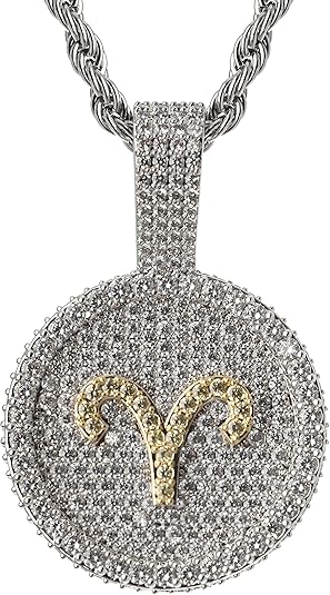 Bling Iced Out Zodiac Pendant Necklace, Full Cubic Zirconia Pave Hip Hop Constellation Medallion, 20in Rope Chain 14K Gold Plated, All 12 Star Signs for Women Men
