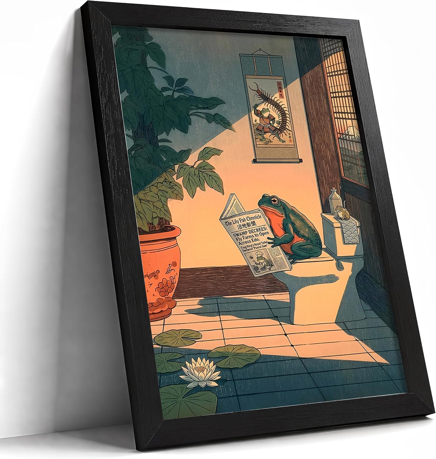 JBZDD Funny Frog Toilet Wall Art, Black Framed Bathroom Decor 12x16in