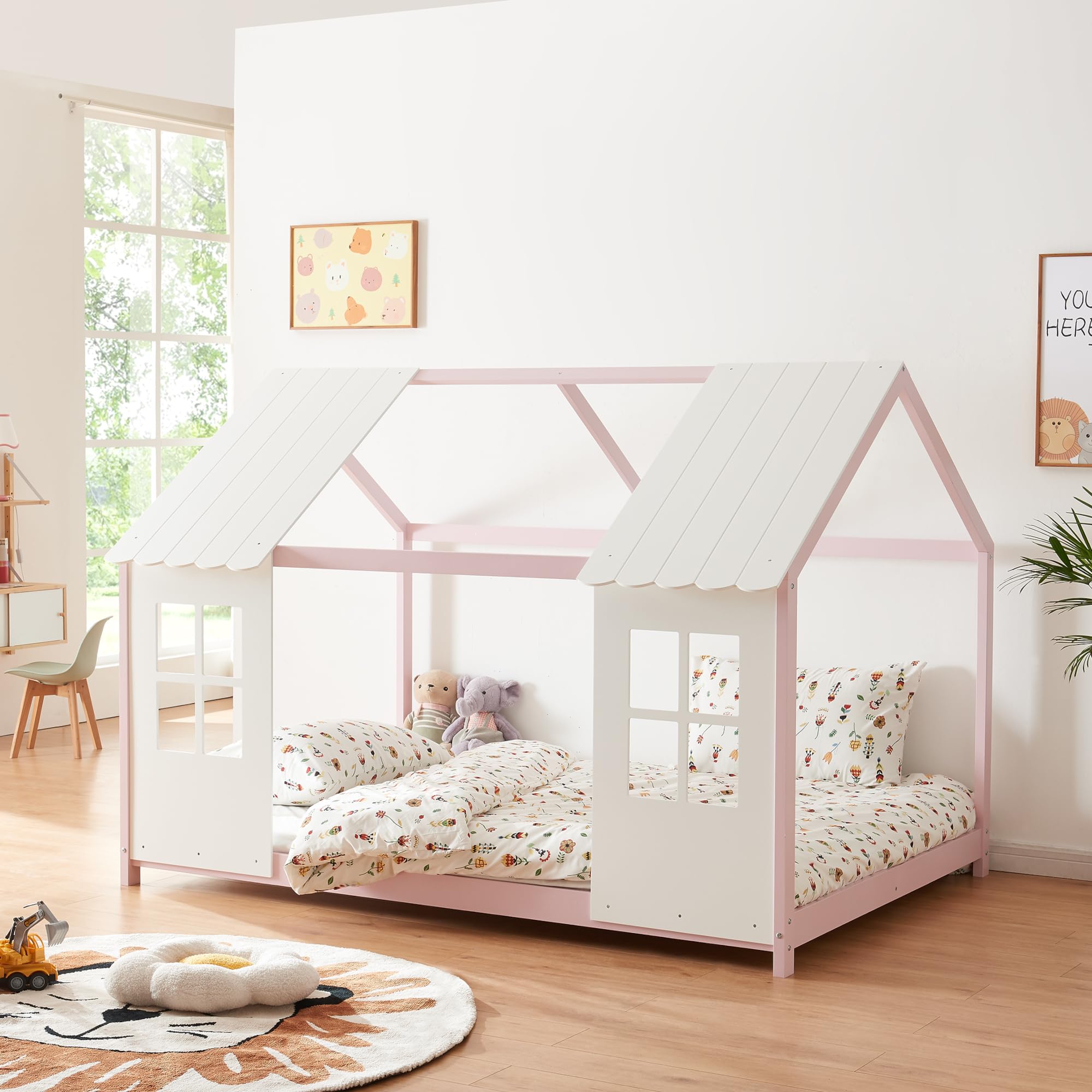 [en.​casa] Cabane Lit Enfant Forme Maison avec Fenêtres et Toit Lit Design avec Sommier à Lattes pour Chambre d'enfant en Bois de Pin et Contreplaqué 120 x 200 cm Rose Blanc