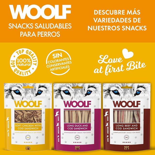 Foto 7 de 8 de Woolf Snacks, pequeños Sandwich de Pollo y Bacalao para Perro 100g. Chuches, premios Naturales para Perro