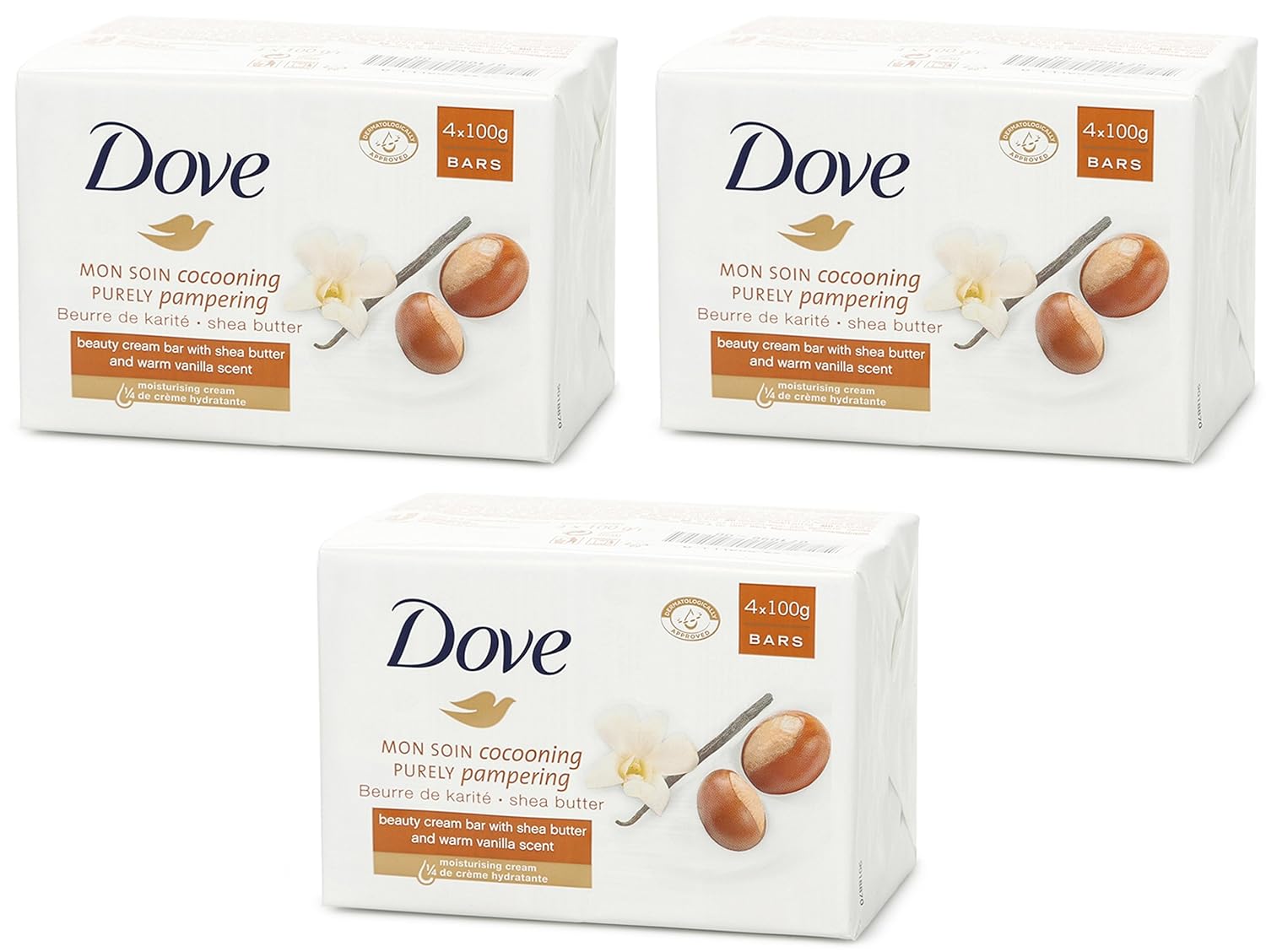 Dove Bar Soap - Beauty Cream Bar - With Shea Butter & Warm Vanilla Scent - Net Wt. 3.5 OZ (100 g) Per Bar - 4 Count Bars Per Package - Pack of 3 Packages (Total of 12 Bars)