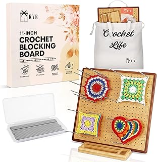 Crochet Blocking Board for Granny Squares – Bamboo Board with Pegs, Integrated Ruler, Storage Bag, Non-Slip Base, Waterproof and Steam-Safe, Beginner Guide Included, Ideal for Crochet Projects