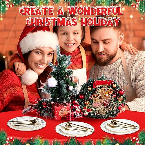 Miniatura 5 de Preboun 12 manteles desechables redondos de Navidad de 84 pulgadas, mantel de colores surtidos, rojo, verde, dorado, impermeable, para suministros