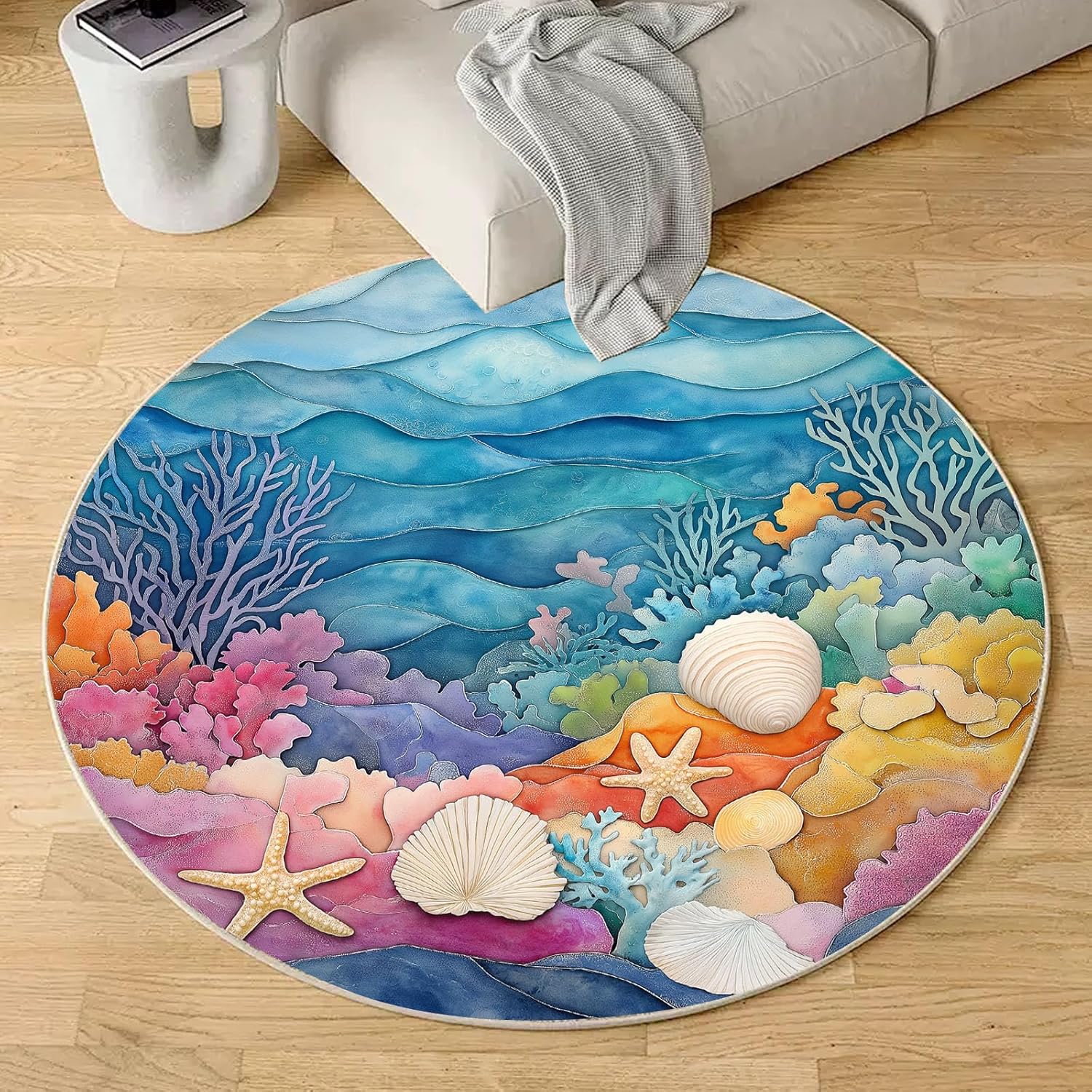 Painted Art Marine Life Round Area Rug Living Room Rugs - 2'x2' Washable Starfish, Coral, Shells Soft Thin Rug Indoor Floor No Slip Rugs Carpet for Bedroom Under Table Office Decor