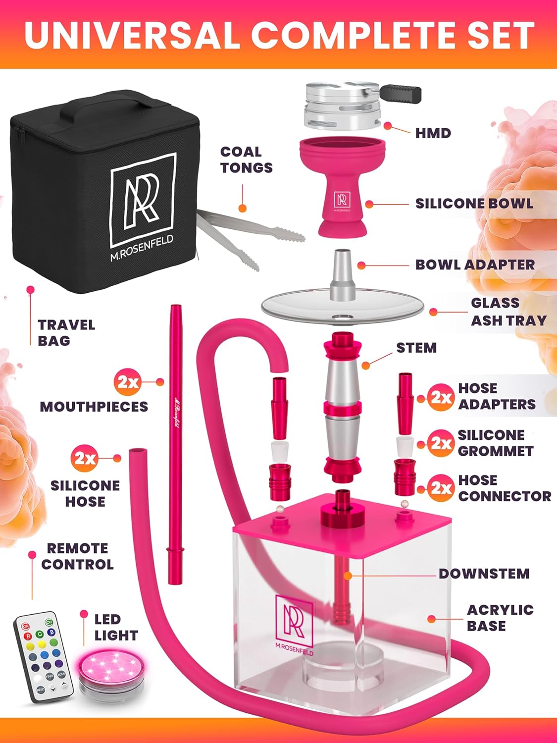 Pink Hookah Set with Everything & Hookah Coals Flats Coconut Charcoal