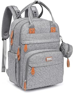 BabbleRoo Baby Changing Bag Backpack, Nappy Changing Back Pack Diaper Bags with Changing Mat & Pacifier Holder for Mom & Dad Light Grey