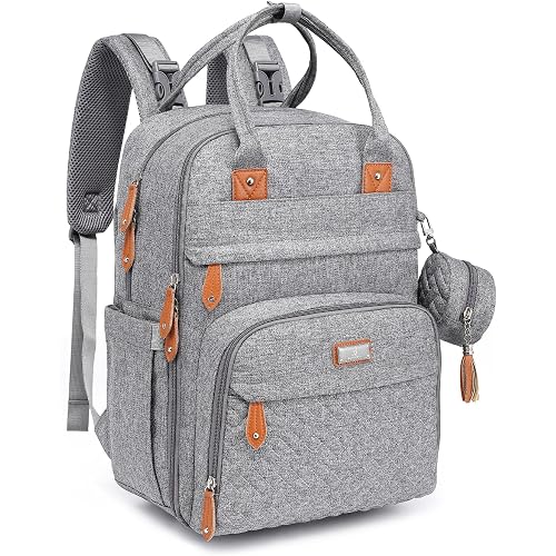 BabbleRoo Diaper Bag Backpack - Baby Essentials Travel Tote - Multi Function Water Resistant Diaper Bag, Travel Essentials Baby Bag with Changing Pad, Stroller Straps & Pacifier Case - Light Gray