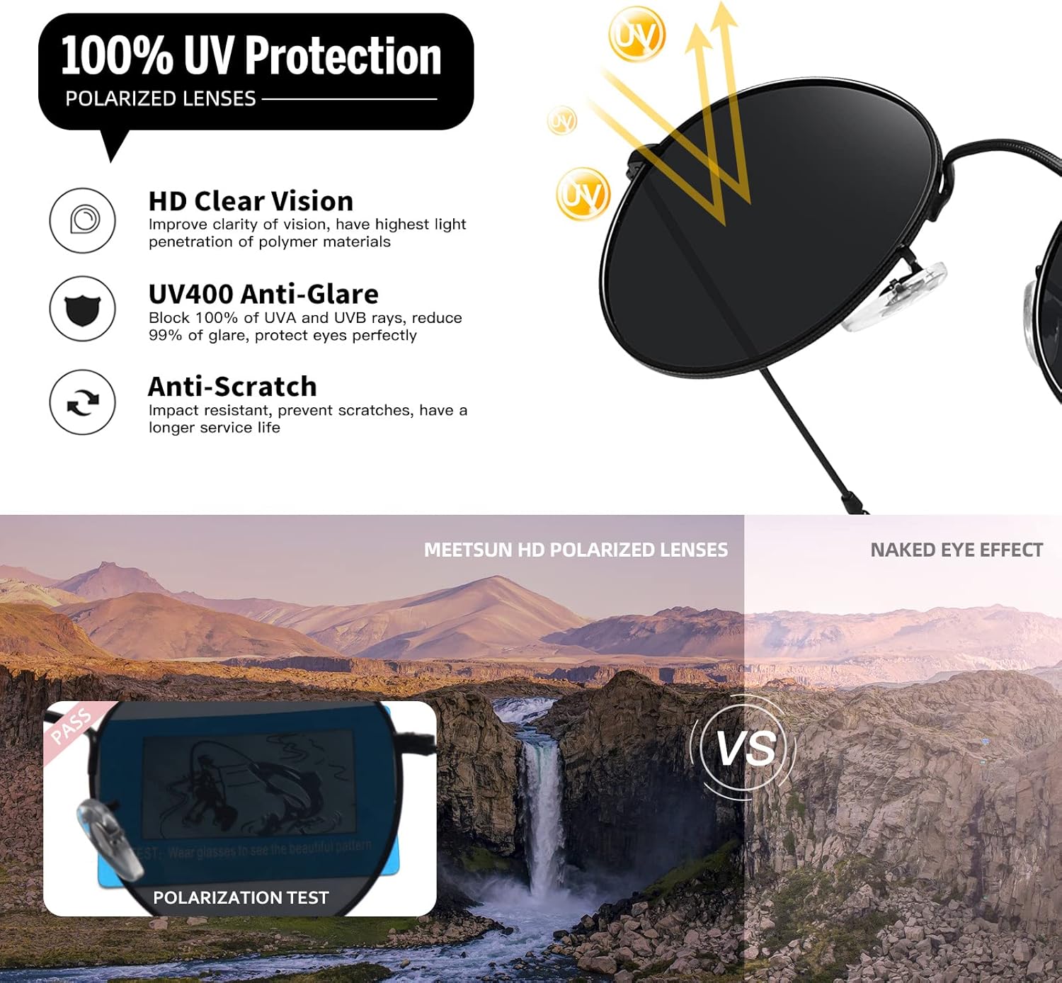 MEETSUN Round Polarized Sunglasses for Women Men Classic Retro Metal Frame Sun Glasses UV Protection
