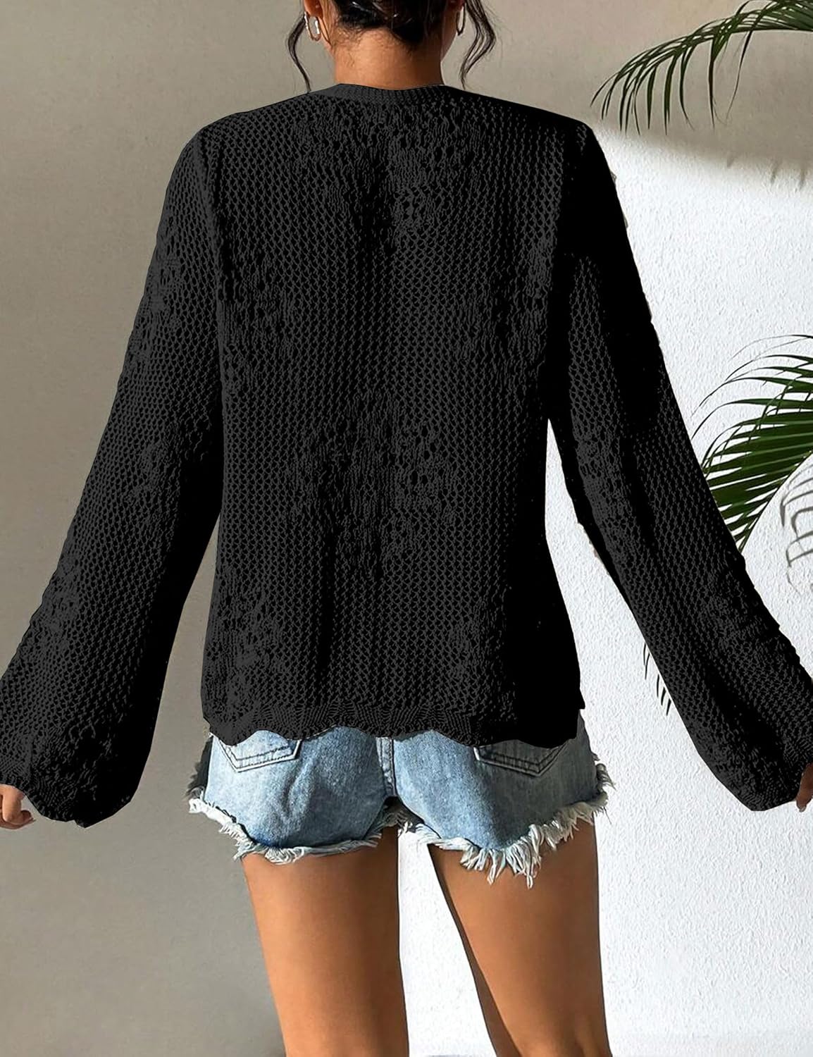 Women Lightweight Tie Front Cardigan Crochet Hollow Out Long Sleeves Summer Knit Cardigans - Image 5