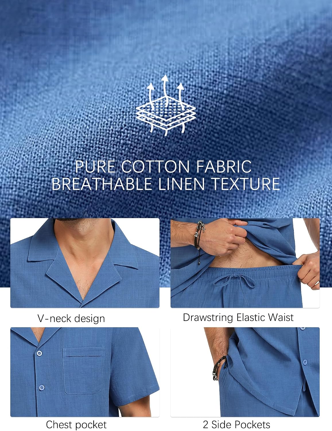 SWOMOG Men Summer Outfit Casual Short Sleeve Pocket Button Down Shirt Elastic Shorts 2 Piece Cotton Tracksuit