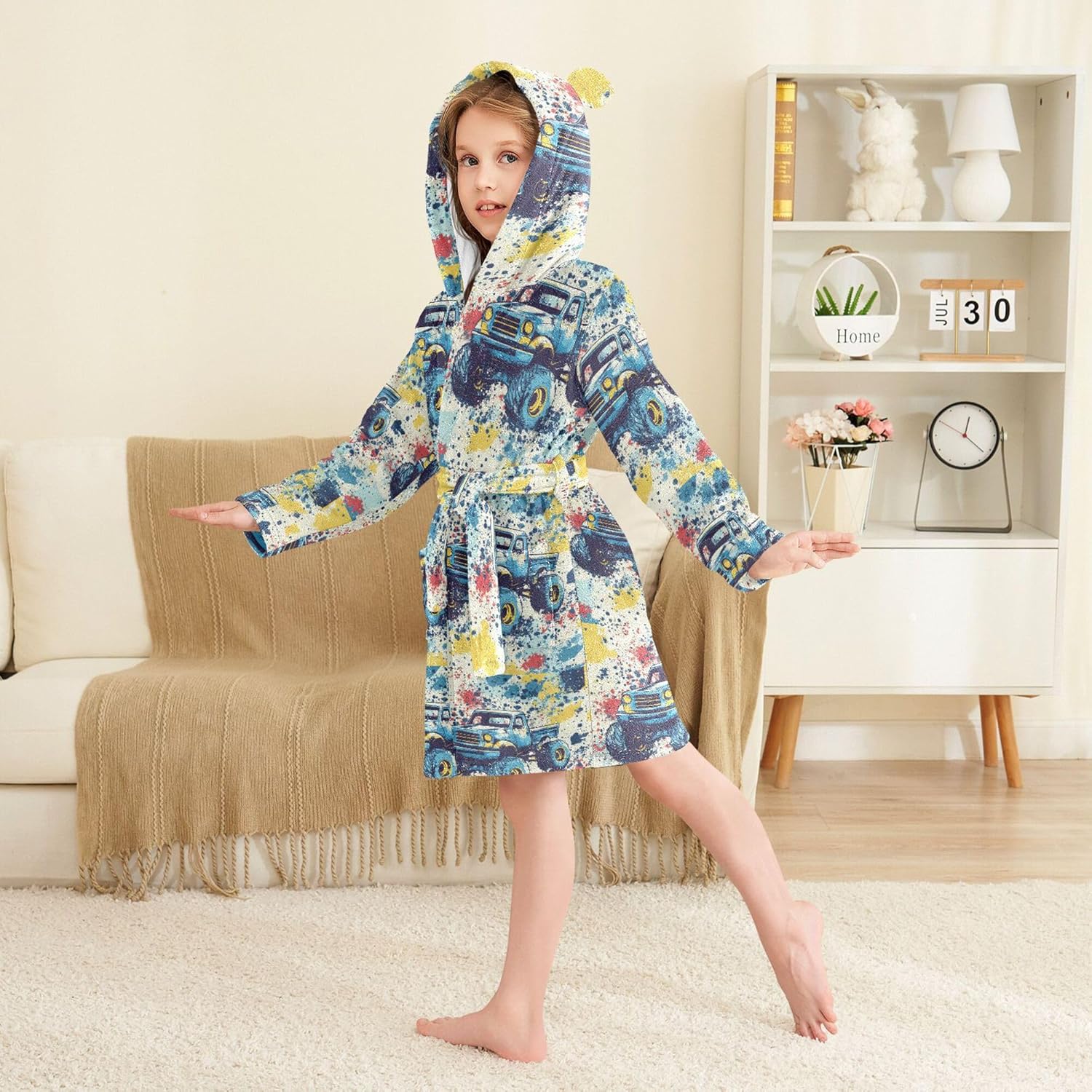 Watercolor Monster Trucks Bathrobe Hooded PJ Robe Soft Fleece Robe Pajama Sleepwear 2-12 Years