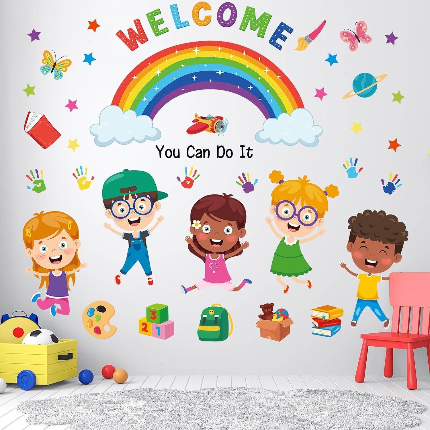 Kids Wall Decals for Classroom and Playroom – Colorful Learn Play Grow Together Stickers, Educational Rainbow & Diversity Wall Decor for Nursery, Daycare, Kindergarten and Preschool Rooms