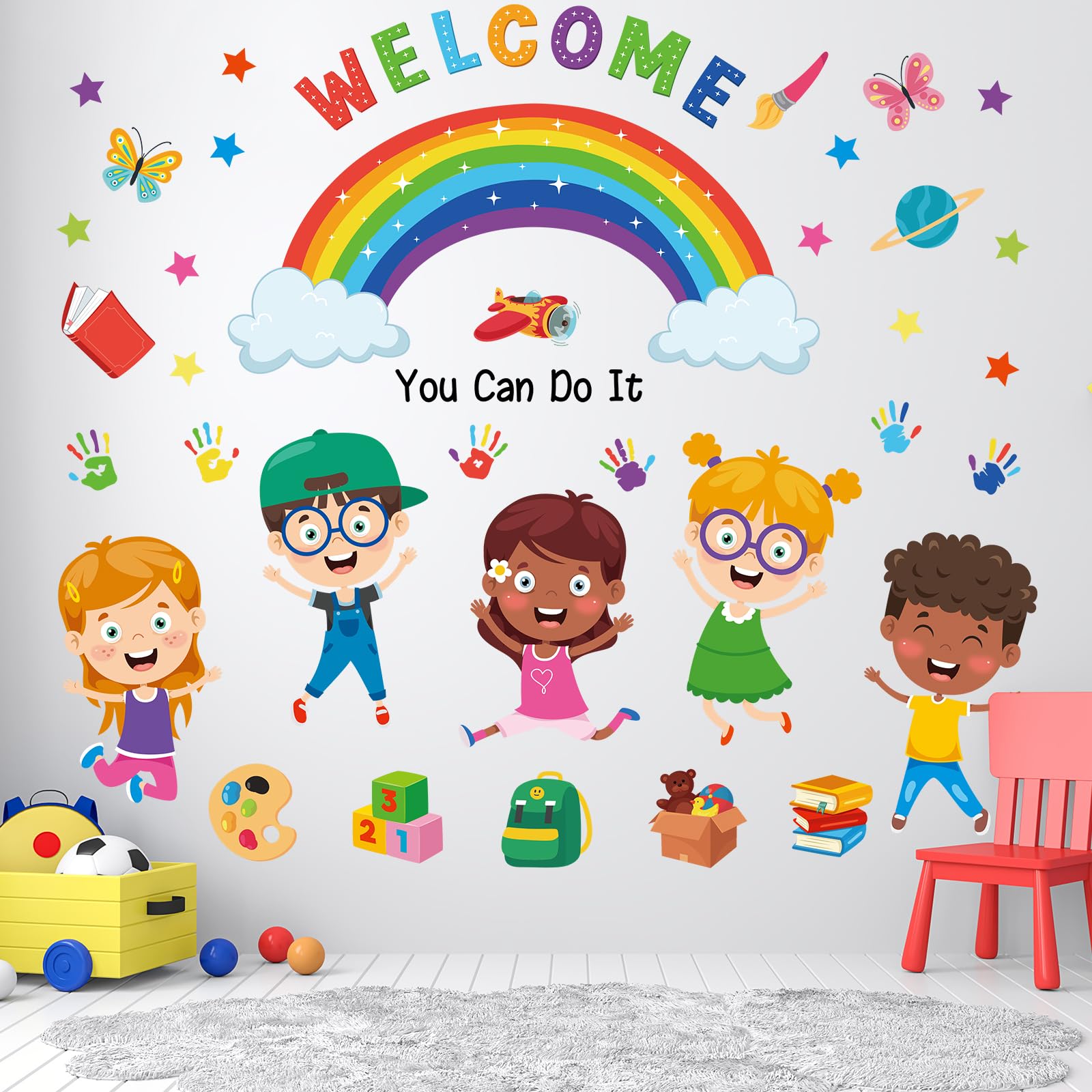 Rainbow Wall Stickers for Kids, “You Can Do It” Quote with Butterflies, Stars & Handprints - Image 2