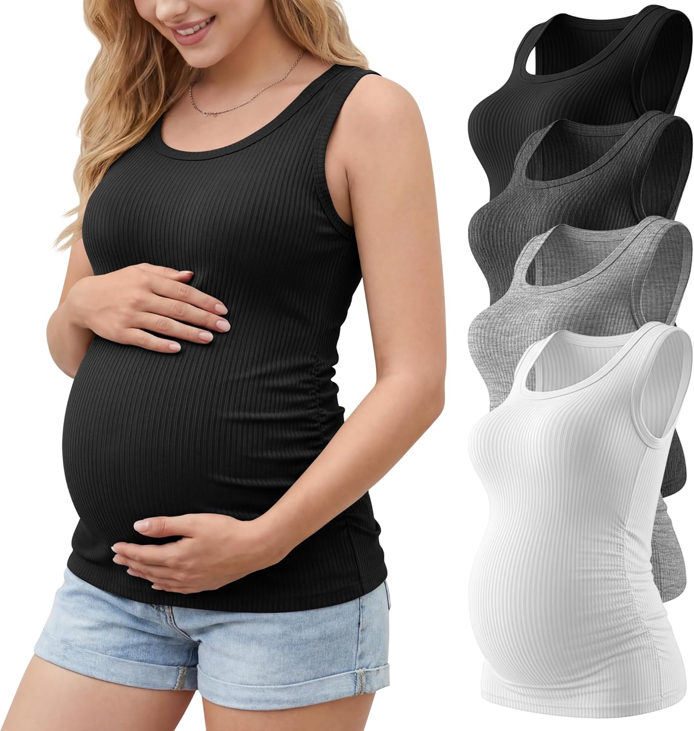 Ficerd 4 Pack Women's Maternity Tank Tops, Side Ruch Sleeveless Cotton Pregnancy Shirts Casual Ribbed Basic Maternity Clothes