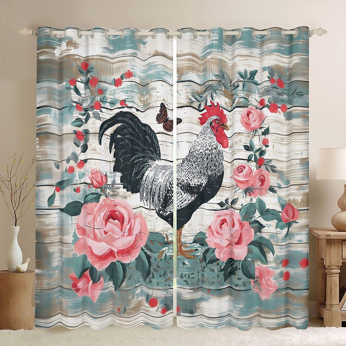 Castle Fairy Grey Chicken Window Curtains Rose Floral Retro Plank Window Drapes,Animals Window Treatments,Watercolor Kids Boys Girls Room Decor, Grommet Top 2 Panel Set Bedroom Curtains, 38Wx54L inch