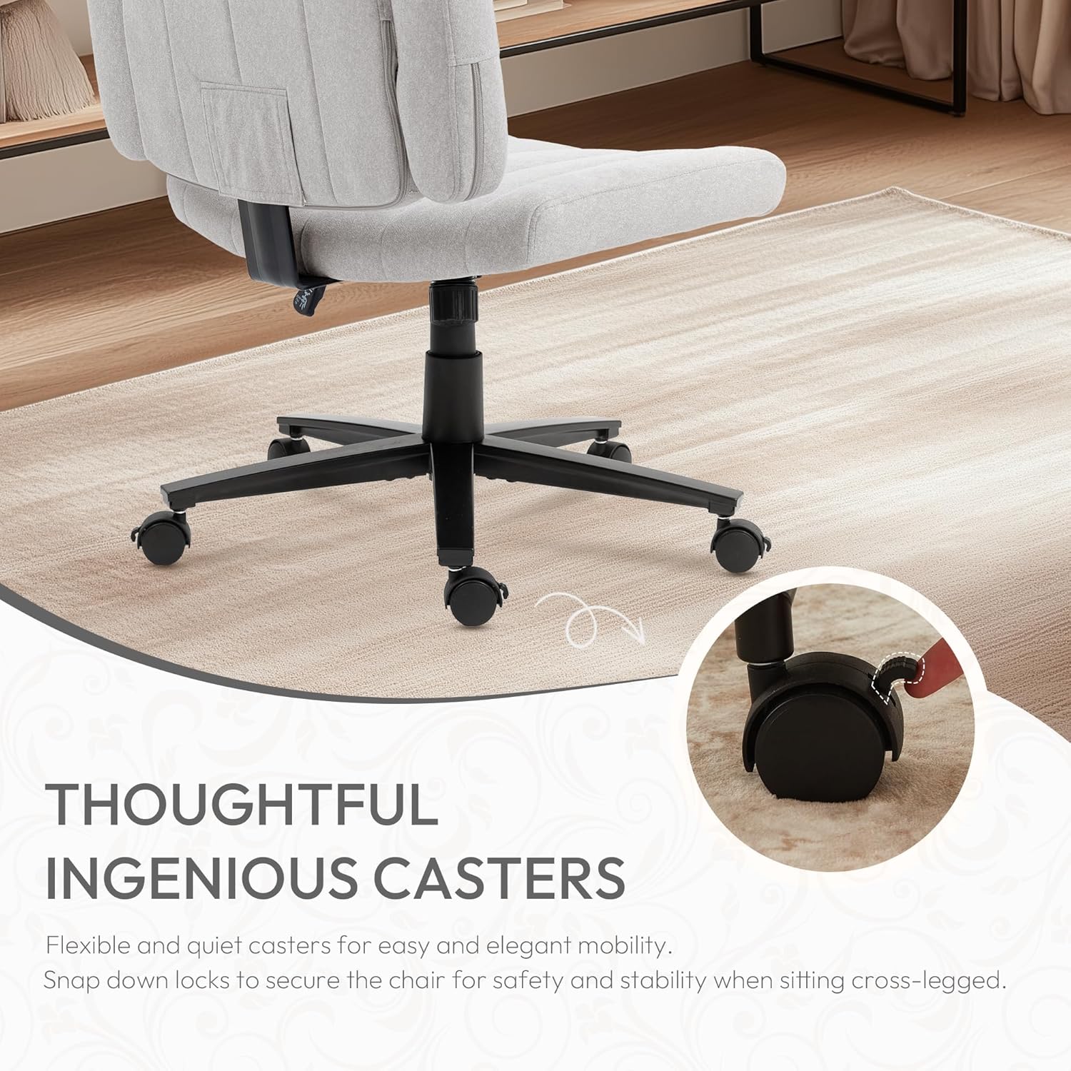Vigosit Criss Cross Wheeled Chair - Adaptable Comfort for Every Need, High-Backed, with Adjustable Wide Armrests, Anti-Skid Fabric Upholstery, and a Sleek Modern Aesthetic for Home Office Use (Grey)