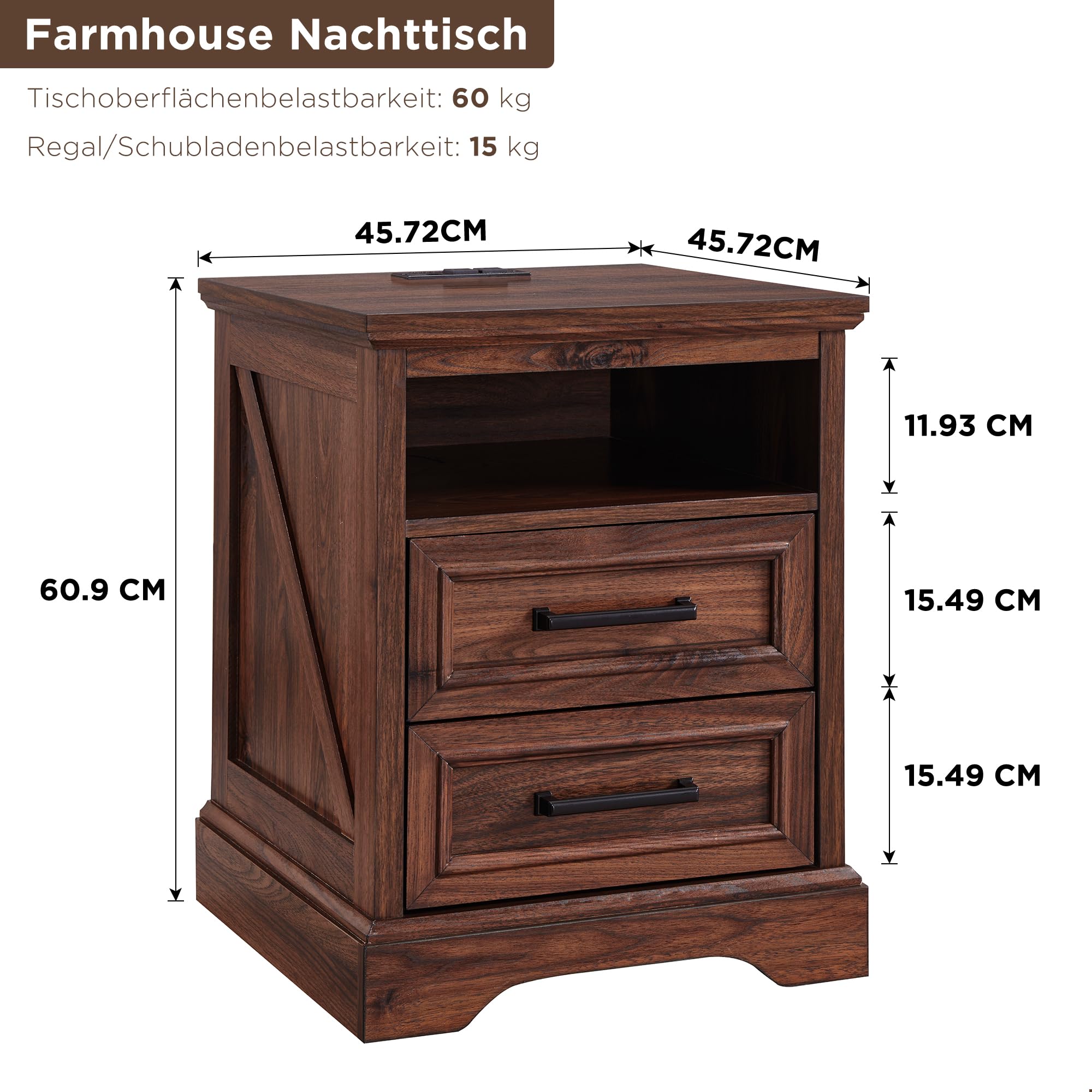 45.7cm Bauernhaus Nachttisch mit Ladestation, Beistelltisch mit 2 Schubladen zur Aufbewahrung, Seitentisch, Nachtschrank für Schlafzimmer, Wohnzimmer,Braun
