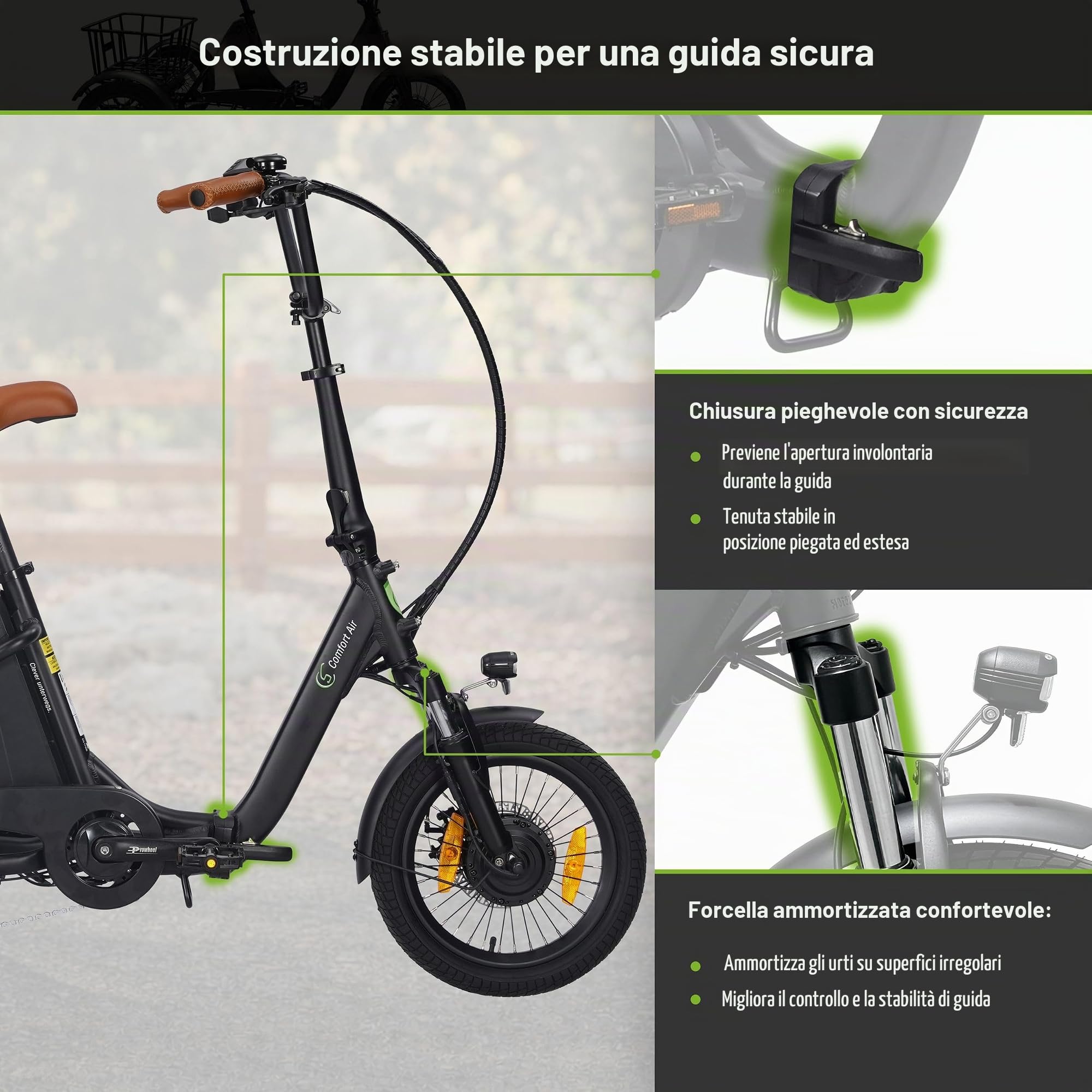 T6S Air Comfort Triciclo Elettrico per Anziani, 16" Bici Elettrica Pieghevole a 3 Ruote, assistenza alla spinta 6 km/h, luce posteriore con funzione freno integrata, per il tempo