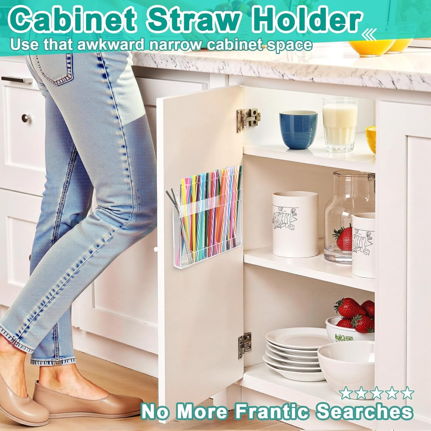 Straw Holder for Cabinet Door, Peel and stick Clear Straw Organizer, Large Acrylic Adhesive Reusable Straws Storage Container for Kitchen, Pantry, Cupboard, Bar Counter – 1 Pack - Image 3