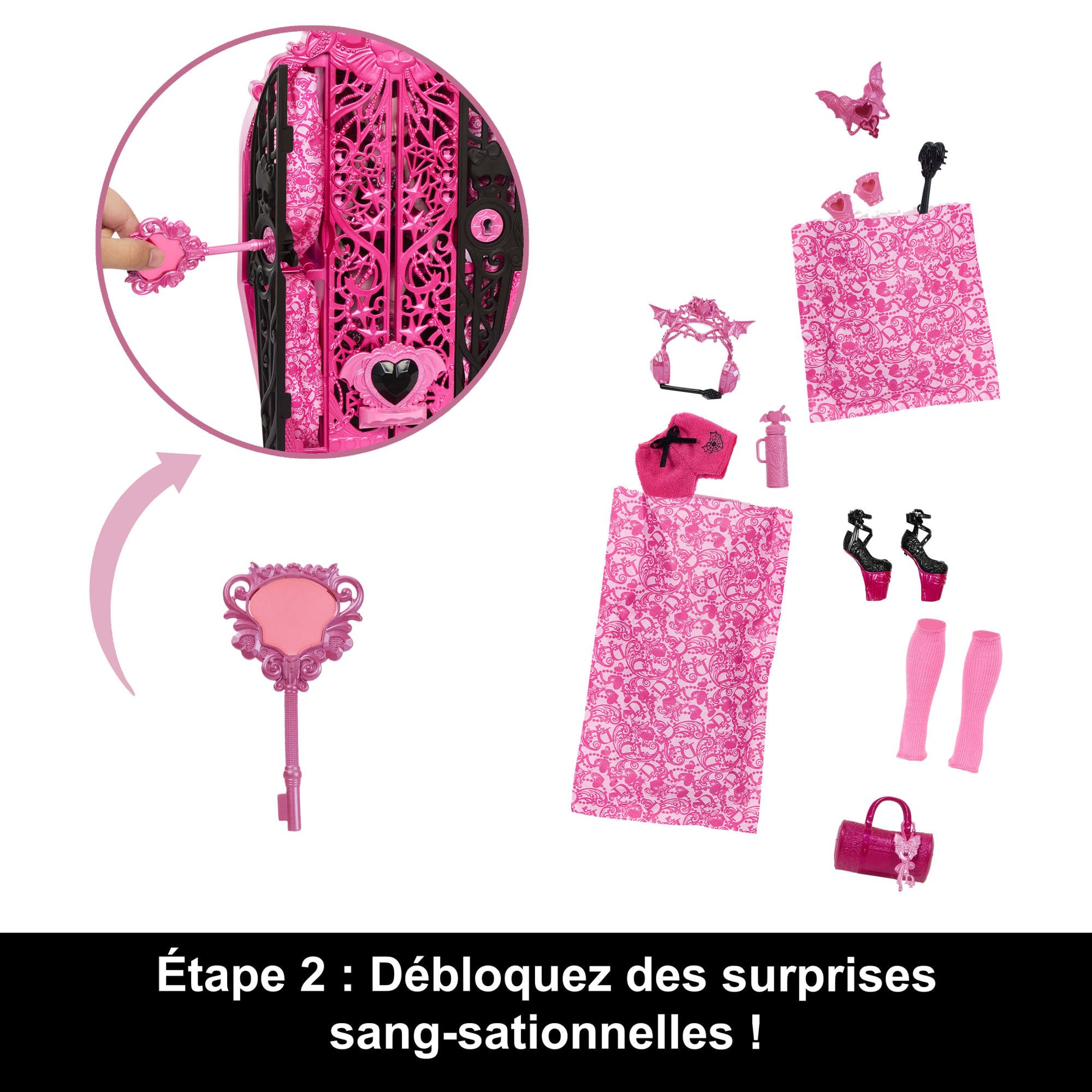Monster High Coffret Monstrueux Secrets Draculaura avec poupée Draculaura Énigmes Horribles, Dressing et Plus de 19 Surprises, Dont des vêtements pour poupée, HXH84
