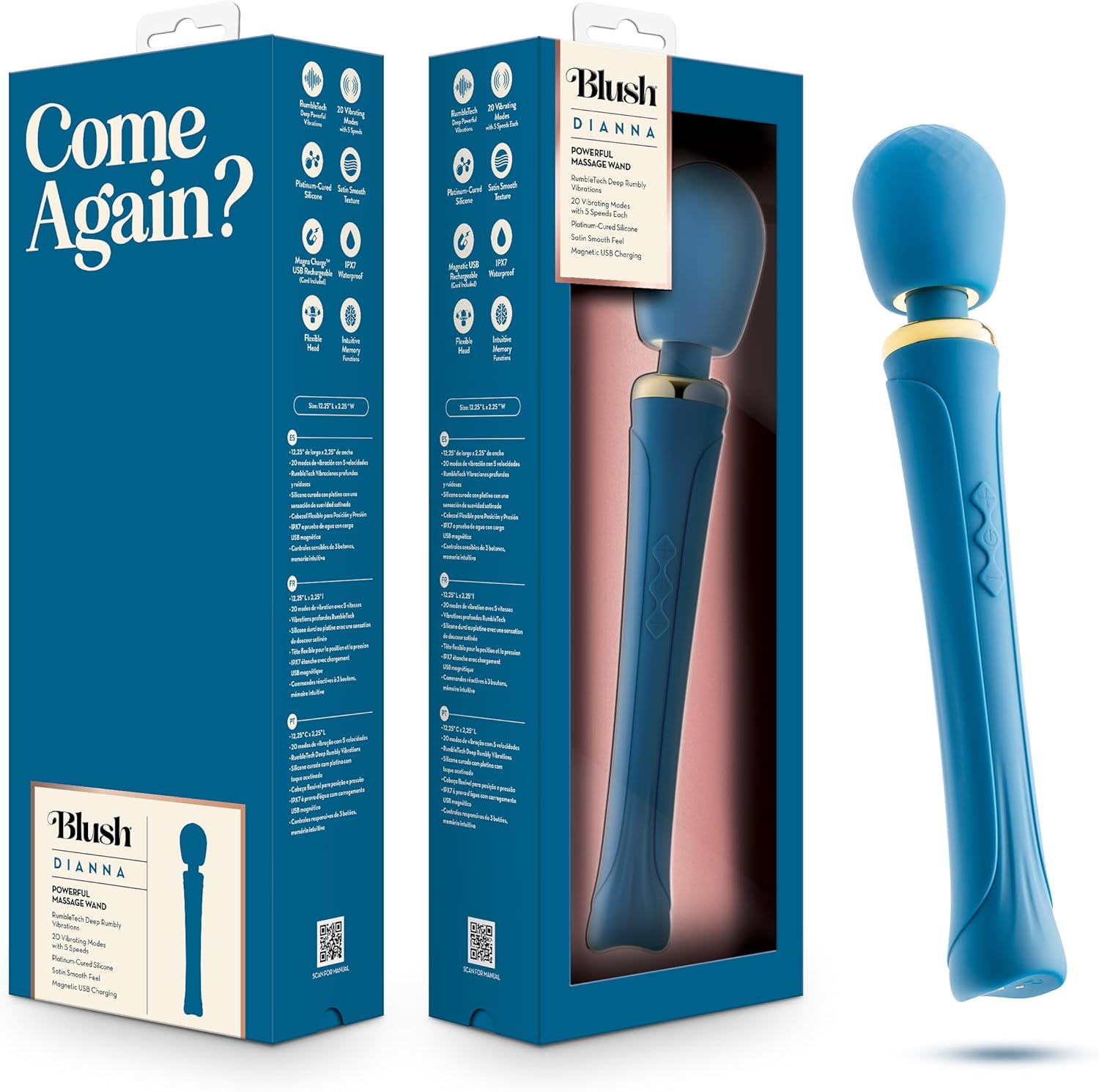 Blush Dianna 12.25" Full Body Personal Massager, 20 Powerful Vibration Modes, Flexible Round Head Silicone Wand for Neck, Nipple, Vaginal Pleasure, IPX7, Women Men Couples Adult Sex Toys- Queens Teal