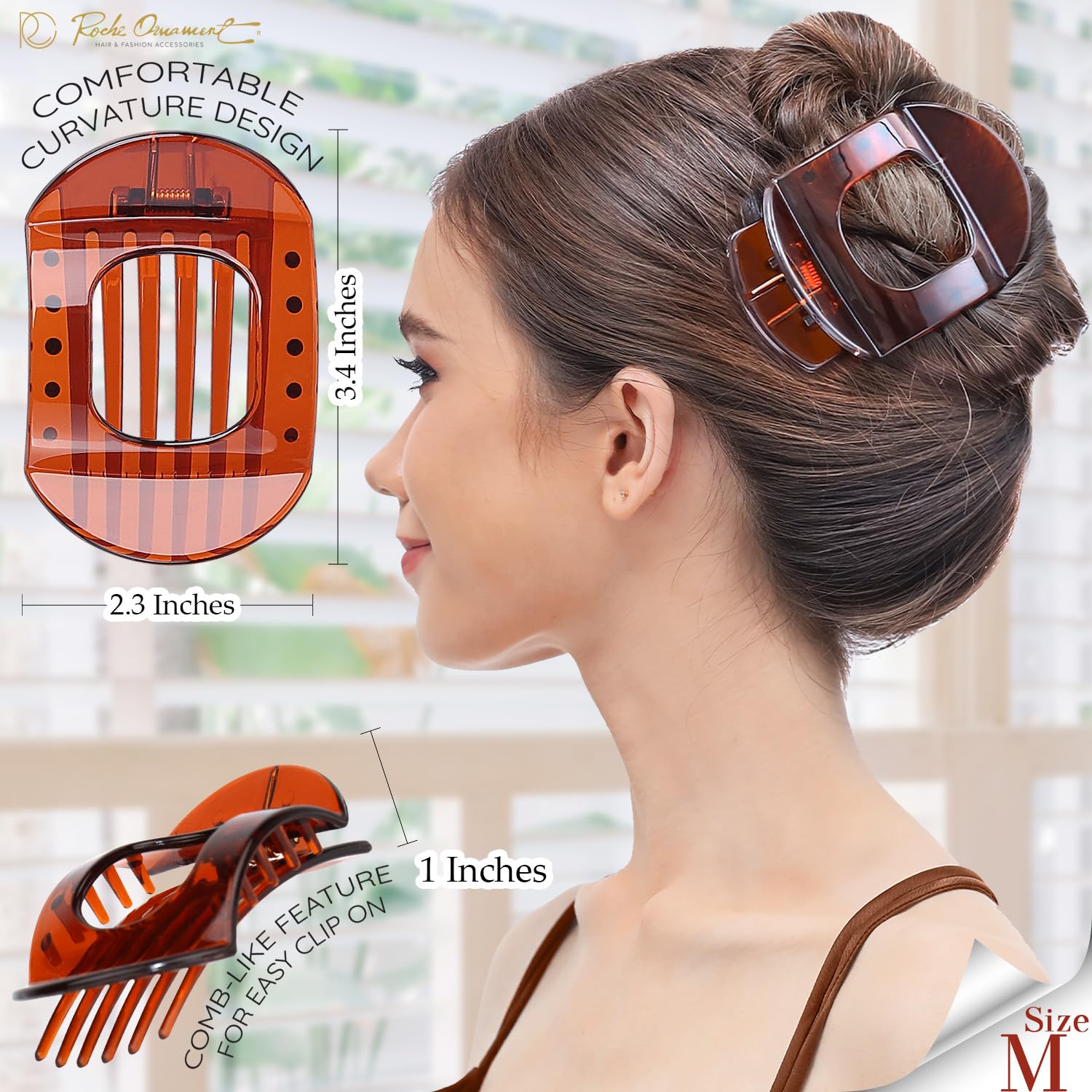 RC ROCHE 6 Pcs Flat Claw Hair Clips for Women Thick Hair French Round Duckbill Square Secure Strong Hold Grip Clamps Barrettes Curved No Slip No Crease Plastic Styling Cute, Medium Brown - Image 3