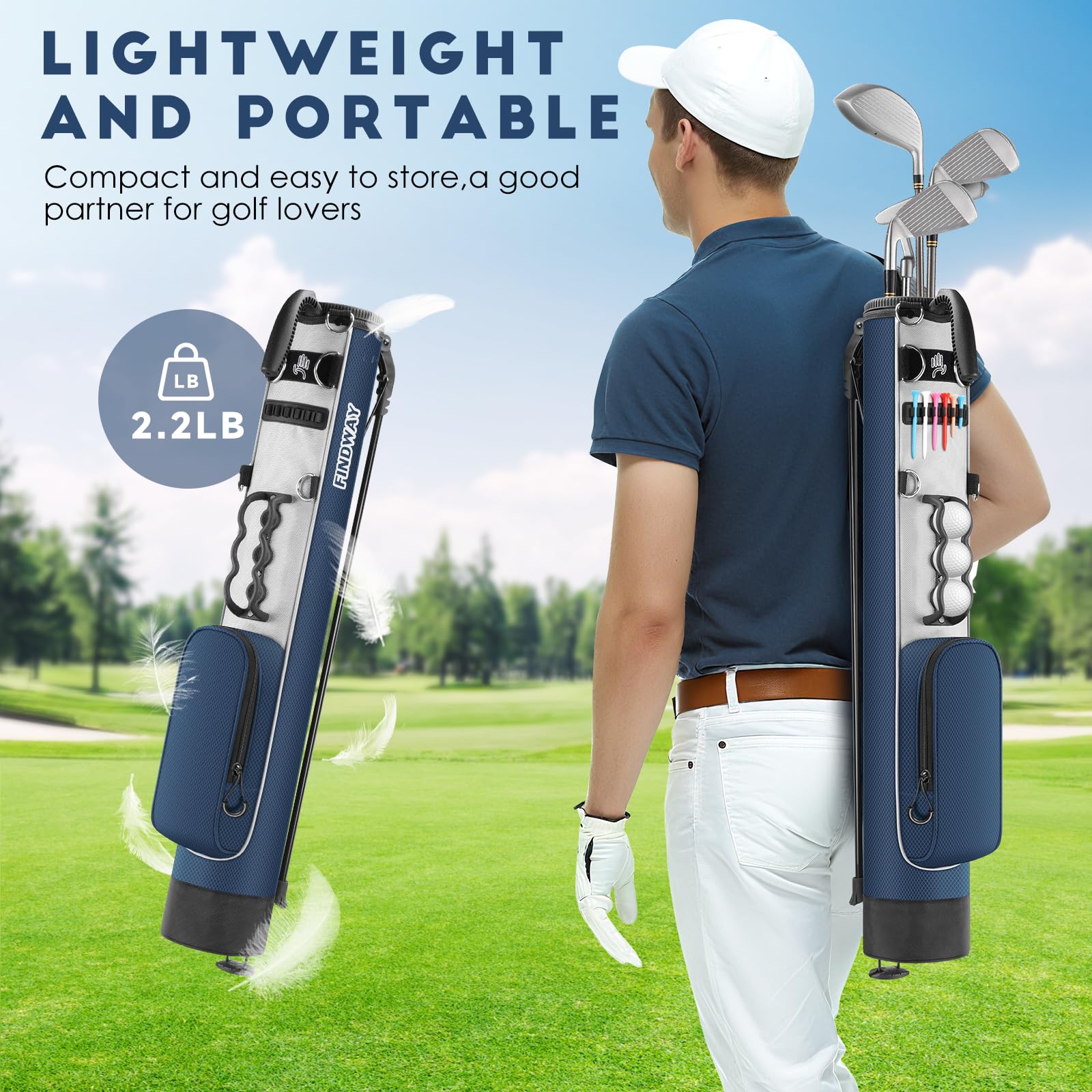 Findway Golf Bag, Golf Stand Tragetasche mit Riemen, Leichter Einfach zu tragen und haltbare Pitch n Putt Golftasche für die Driving Range, Par 3 und Executive Plätze, 80 cm Hoch