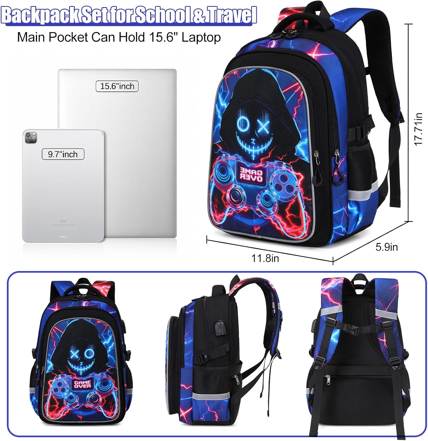 Jafeton Kids Backpack for Boys,3D Reflective Gaming School Backpack with Sling Bag, Insulated Lunch Bag, Boys Backpack for Elementary Middle School Students, Gamer Bookbag for Kids Ages 3-12 (Game)