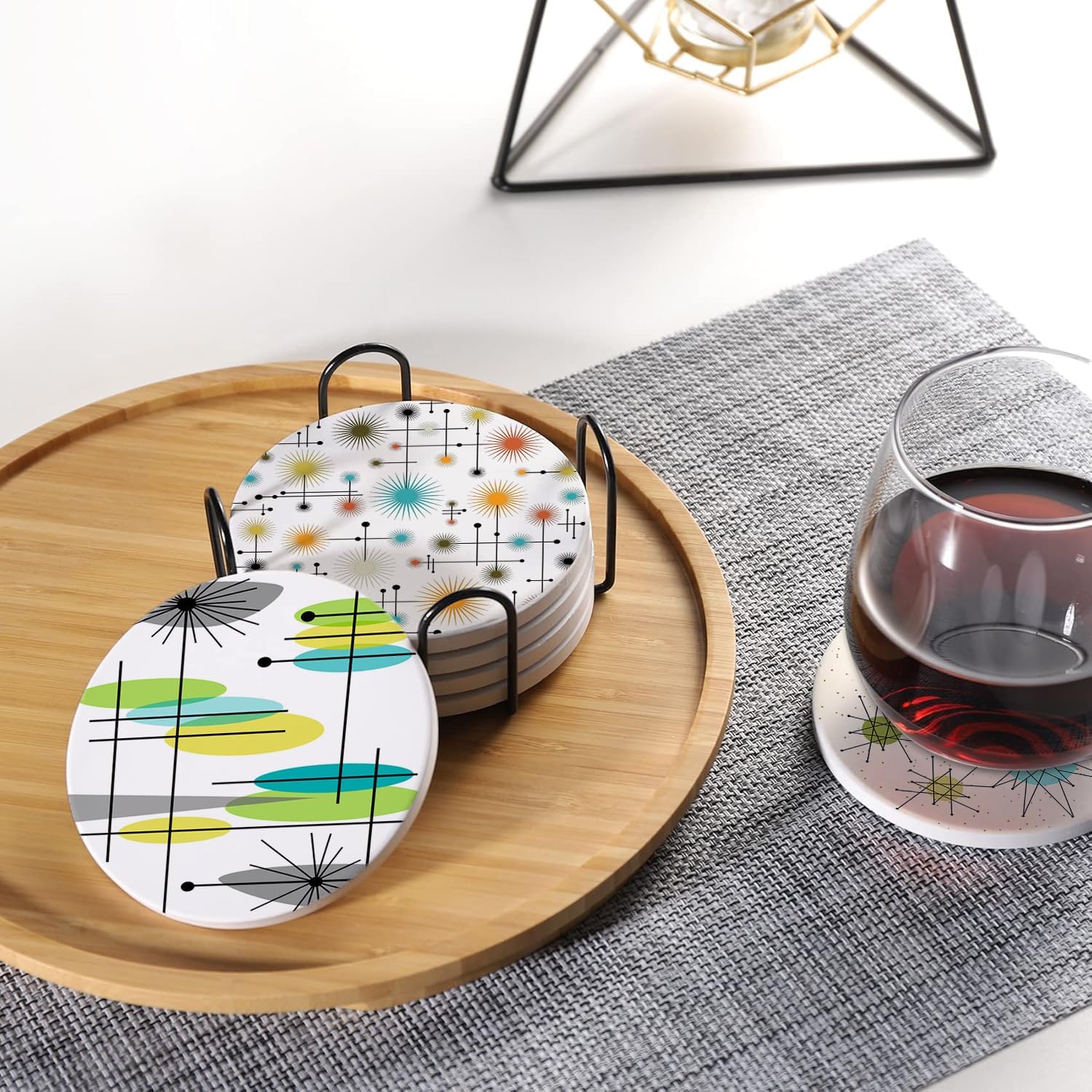 6 Pcs Drink Coasters with Holder, Vintage Mid Century Modern Design Absorbent Round Ceramic Coasters for Tabletop Protection, Home Decor for Coffee Cup Beverage Wine Beer Bar