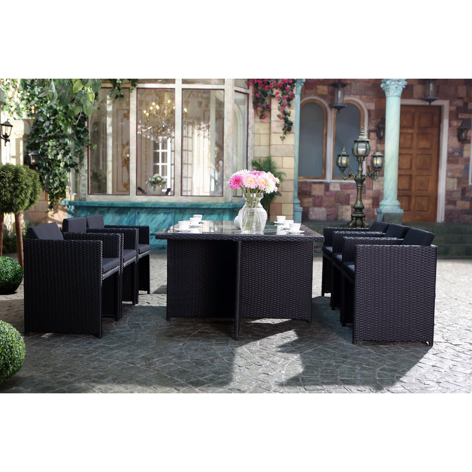 CONCEPT USINE Salon de Jardin Encastrable Miami Noir Coussins Noirs 6 Pers
