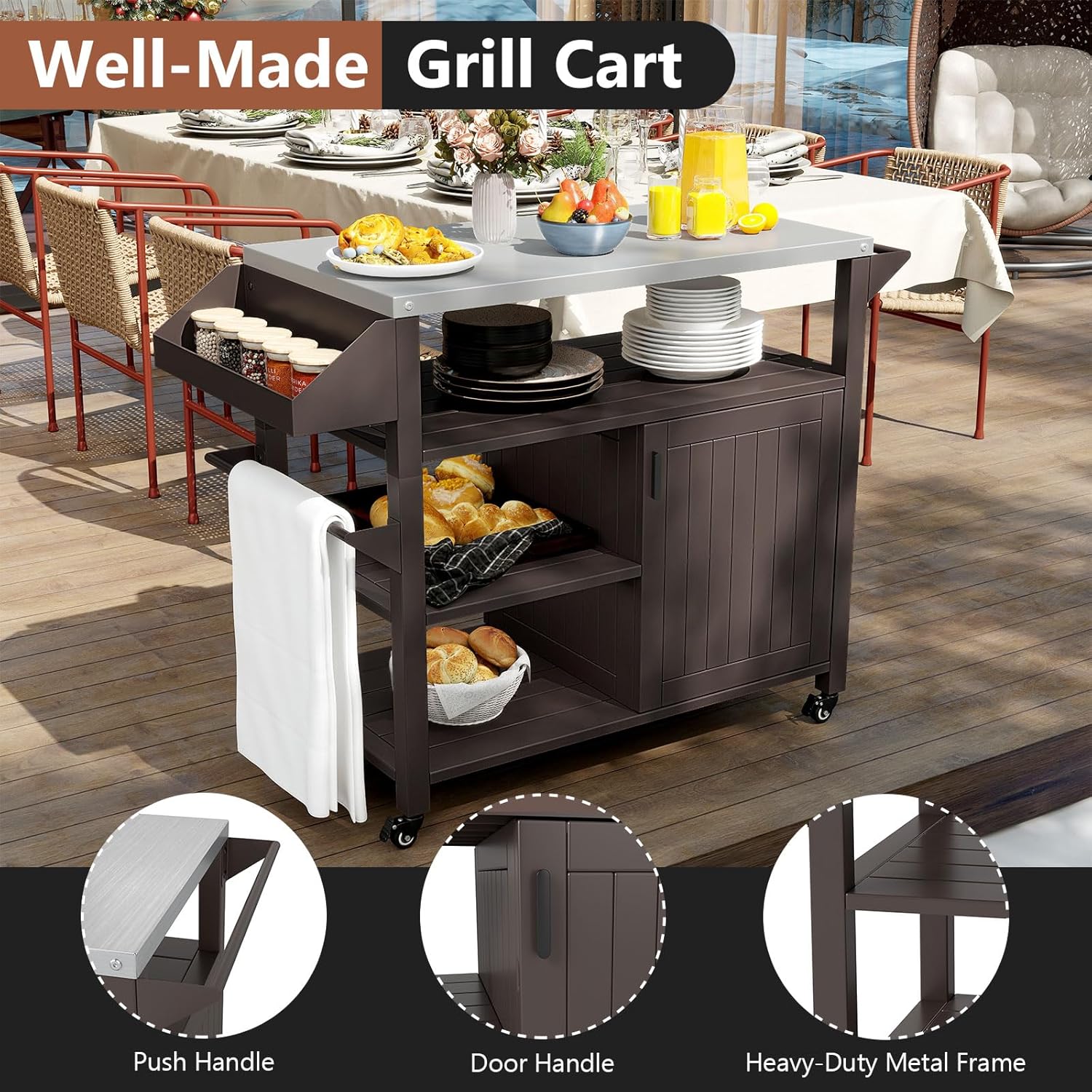Giantex Outdoor Grill Cart with Storage Cabinet & Shelves, Patio Kitchen Island Table with Stainless Steel Top, Spice & Towel Rack, Movable Pizza Oven Stand on Wheels, Rolling Bar Cart BBQ Prep Table