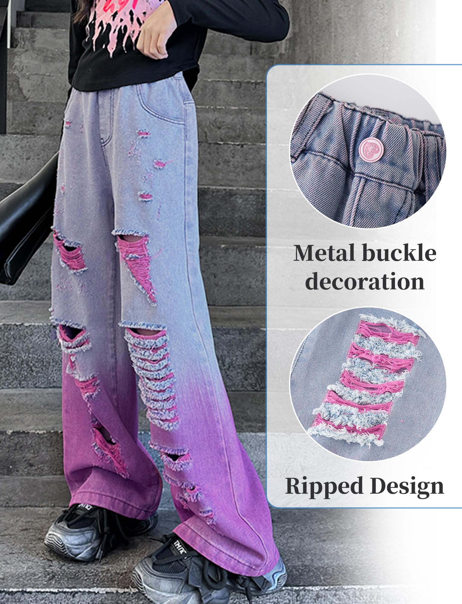 Maeau Zerrissene Jeans mit Weitem Bein für Mädchen, Farbverlauf Denim Hose Gerade, Loose Fit Freizeithose mit elastischem Bund und Taschen, 5-14 Jahre/Höhe 120-170 cm