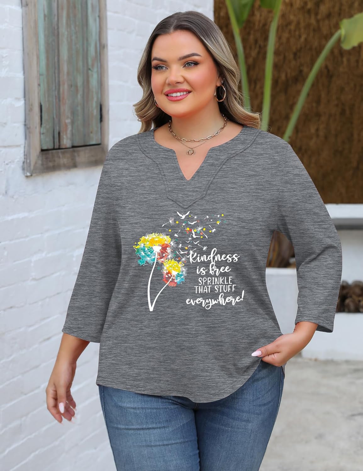 Romanstii Womens Plus Size Tops Casual 3/4 Sleeve V Neck T Shirt Loose Fit Tunic Blouse 1X-5X - Image 6