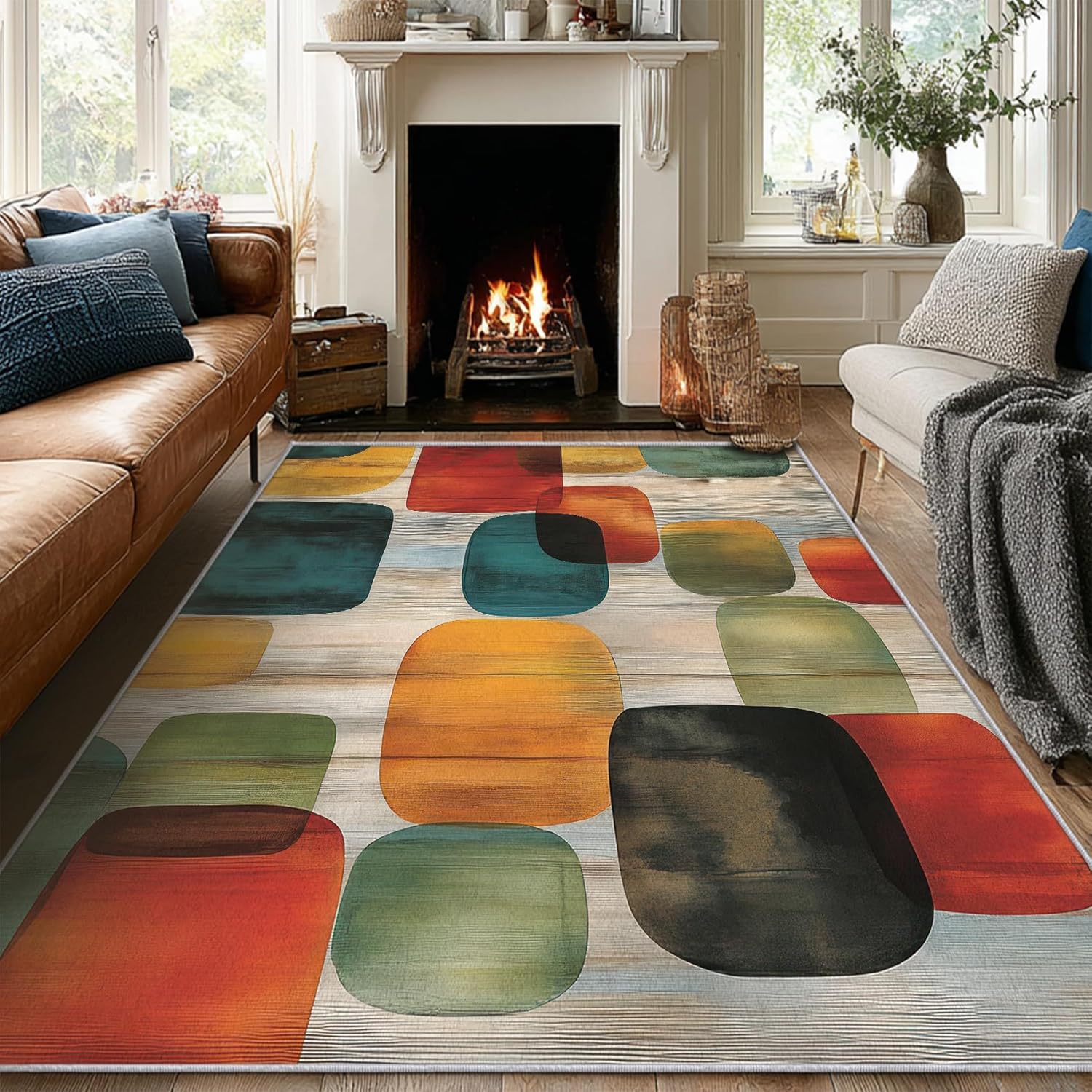 Mid-Century Geometric Area Rug 2x3 ft, Retro Color Block Abstract Statement Rug, Low Pile Non-Slip Washable Indoor Rug for Living Room Bedroom