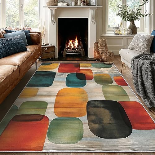 Mid Century Geometric Area Rug 5x8 ft, Retro Color Block