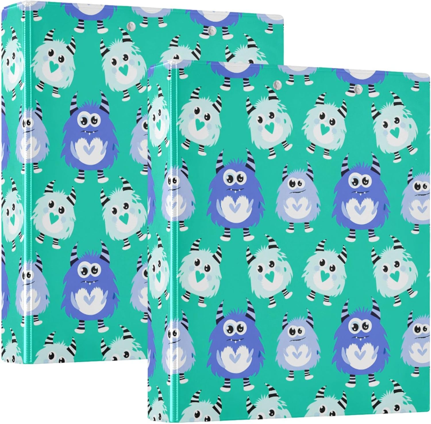 Cute Monsters 3 Ring Binders, 1.5” Round Ring Binders with Clipboard - Letter Size, 3 Interior PVC Clear Pockets & Anti-Slip Clip for Office School Supplies, 2PCS