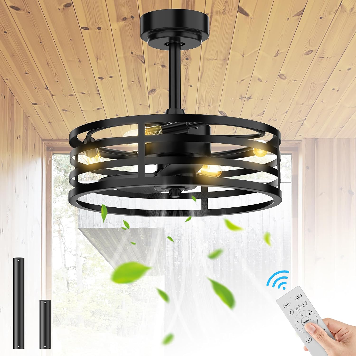 17 Inch Ceiling Fan with Lights Remote Control, 6 Speed Black Caged Ceiling Fan, Reversible Motor Low Profile Ceiling Fan for Living Room, Bedroom, Kitchen