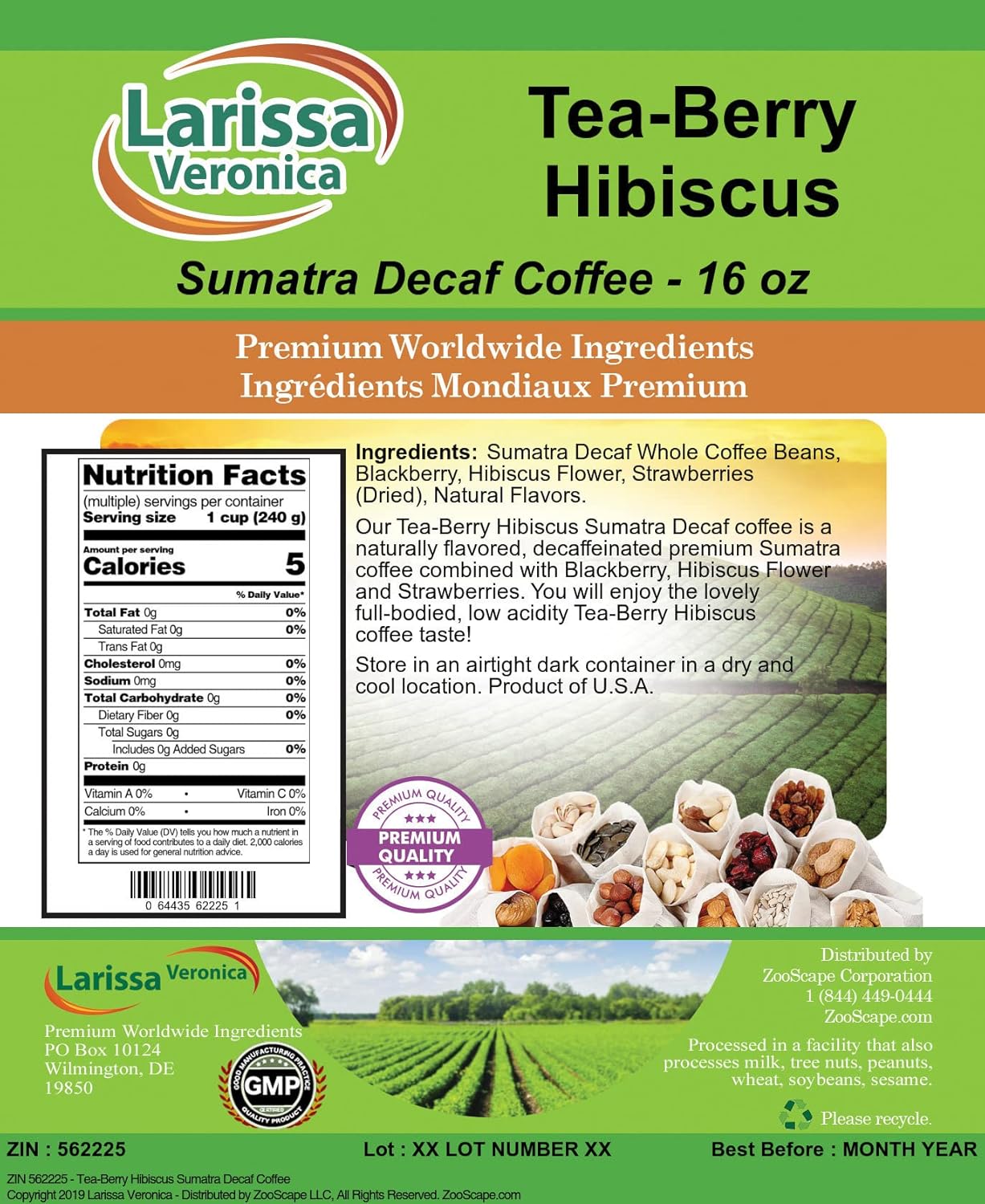 Tea-Berry Hibiscus Sumatra Decaf Coffee (Gourmet, Naturally Flavored, Whole Coffee Beans) (16 oz, ZIN: 562225) - 3 Pack