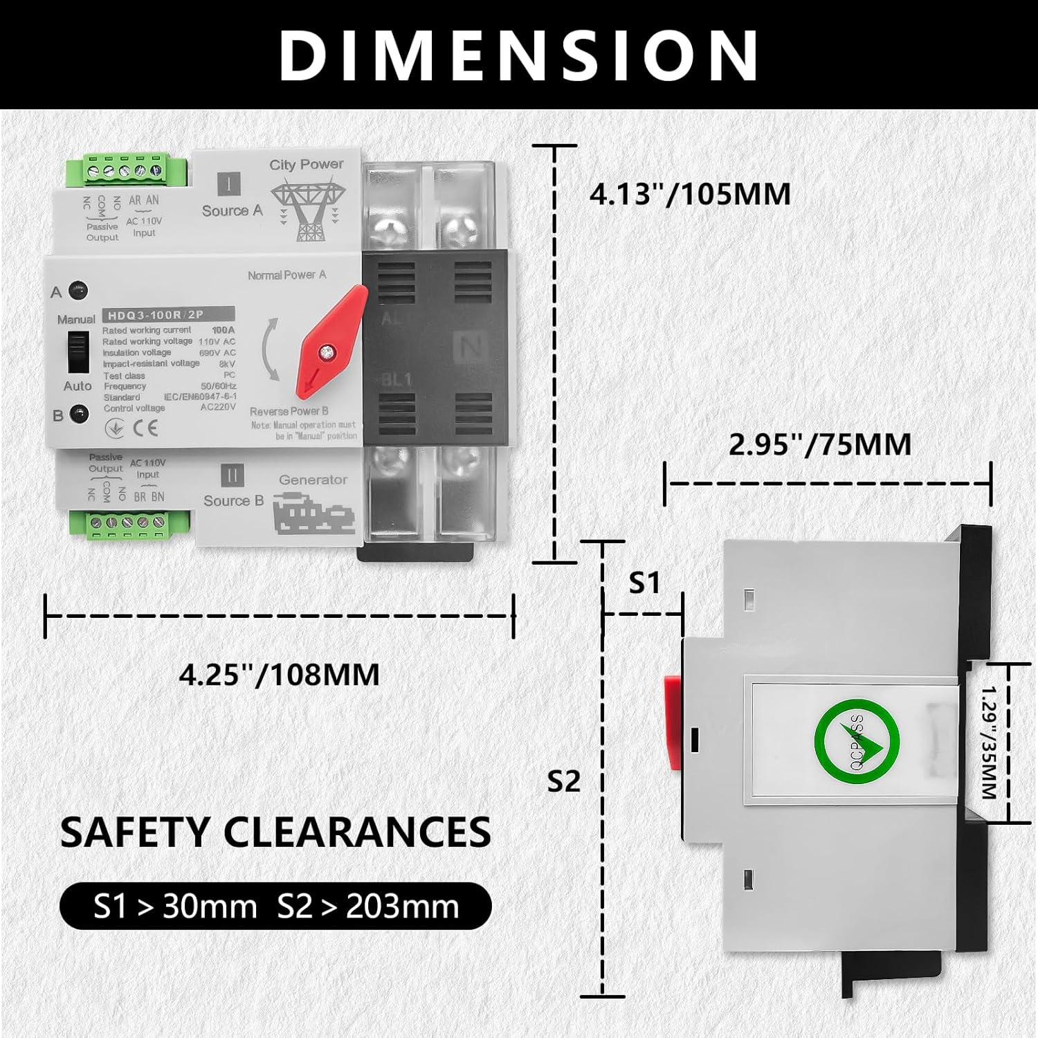 Mini ATS Automatic/Manual Transfer Switch 2P 100A AC110V W2R 50/60Hz,Auto Dual Power Switch for Home Generator,with Din Rail