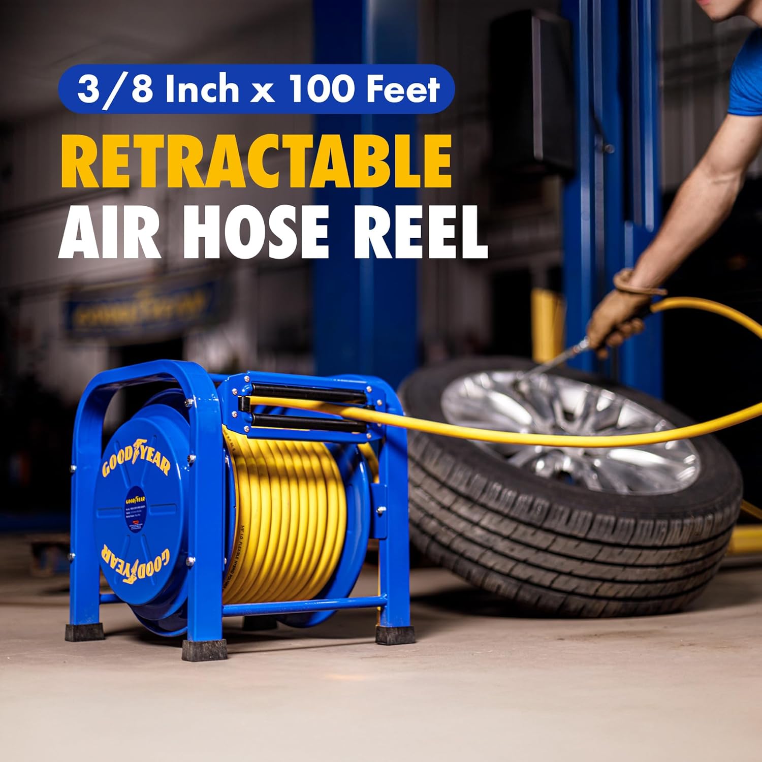 Goodyear Retractable Air Hose Reel, 3/8" x 100 Feet, 300 PSI, Spring-Driven Steel, Heavy Duty Industrial, Flex Hybrid Polymer Hose, Portable and Durable