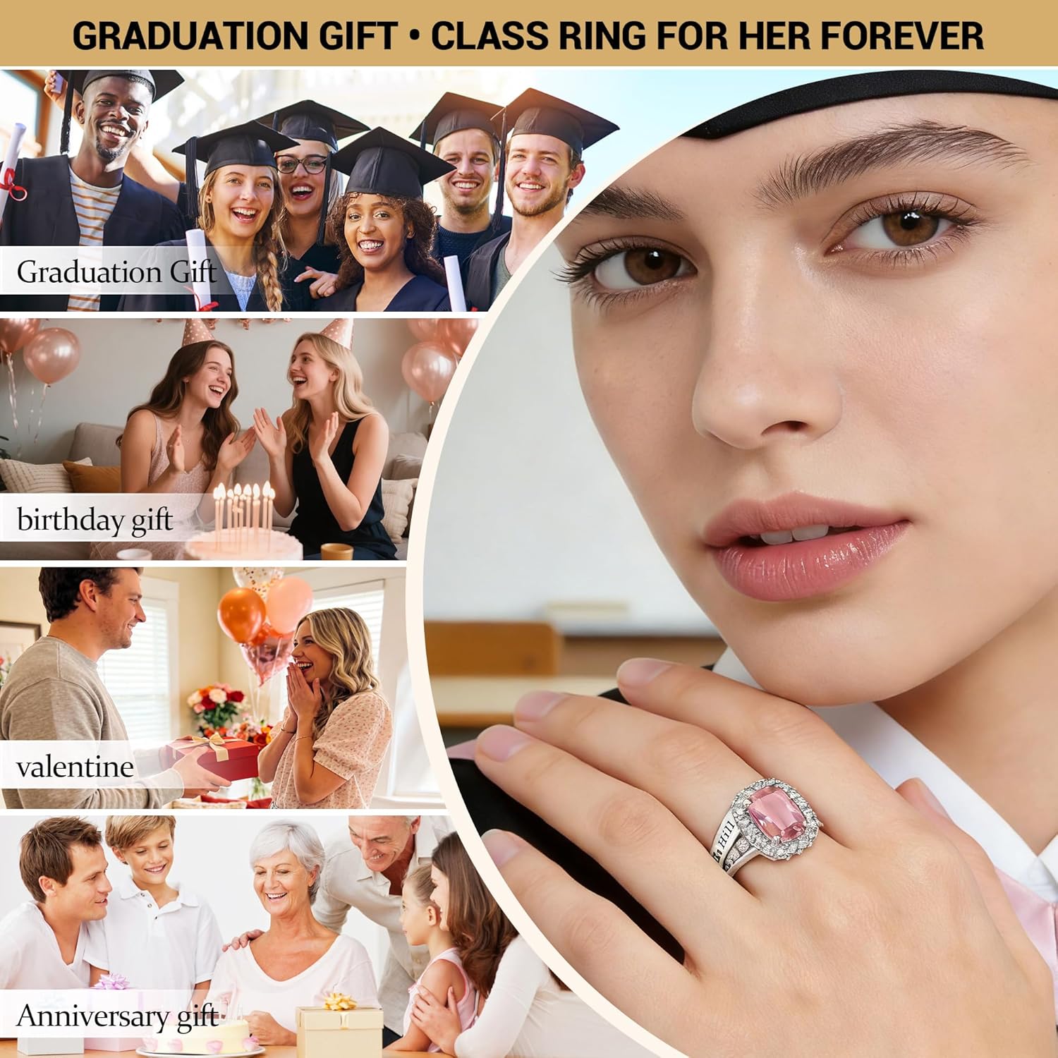 Personalized 10kt White Gold Class Ring with Cubic Zirconia Birthstone Women's Graduation Customizable Women's Class Ring High School & College Sizes 5-15