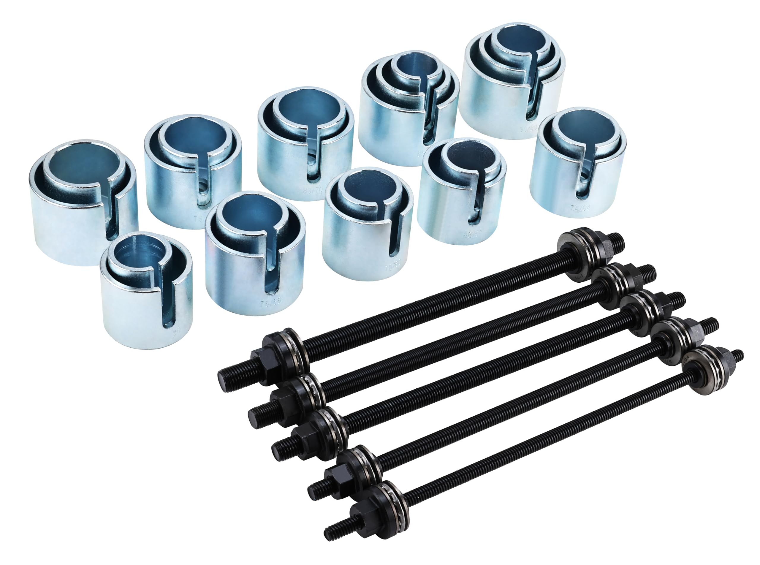 FreeTec Extracteur de Silent Bloc Extracteur de Roulement Intérieur 27pcs – Arrache Roulement Universel avec 5 Broches et 22 Douilles 34–80 mm – Kit Montage/Démontage Roulements, Joints & Silentblocs