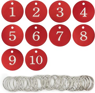Round Aluminum Engraved Number Tags Key Tags ID Tags 1-10, Red